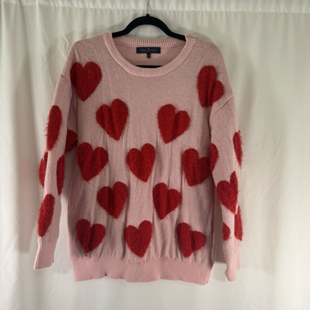 Simply Southern Sweater Women's XL Pink Red Fuzzy Hearts Pullover Long Sleeve